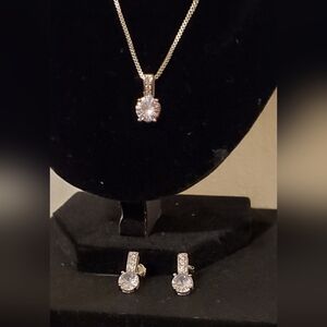 925 STERLING SILVER NECKLACE AND EARRING SET -  18" - CLASSIC SOLITAIRE CZ - NEW
